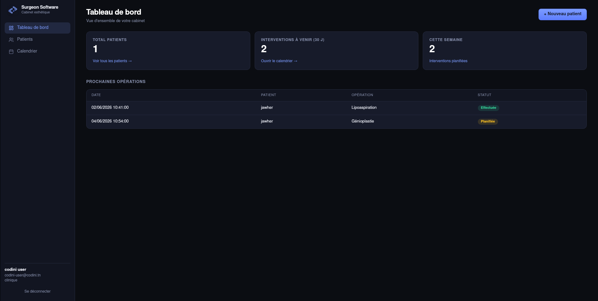 Logiciel Chirurgien — Tableau de bord